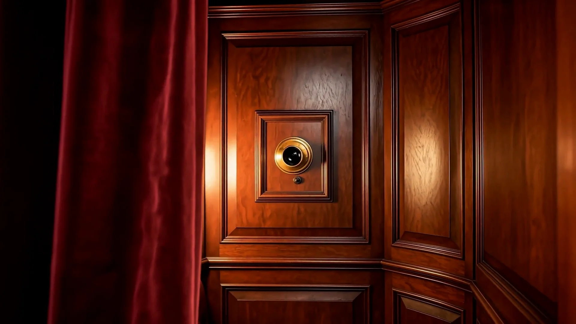 Inside the little wooden photobooth, with brass details and burgundy velvet curtains